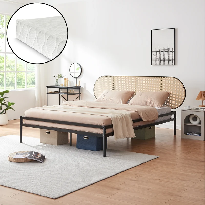 Cama de metal Linköping con cabecero ovalado y colchón [en.casa]