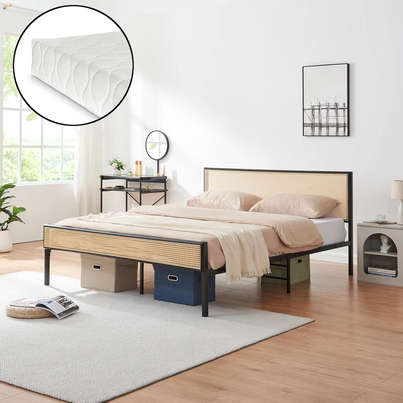 Cama de metal Linköping con cabecero rectangular y colchón [en.casa]
